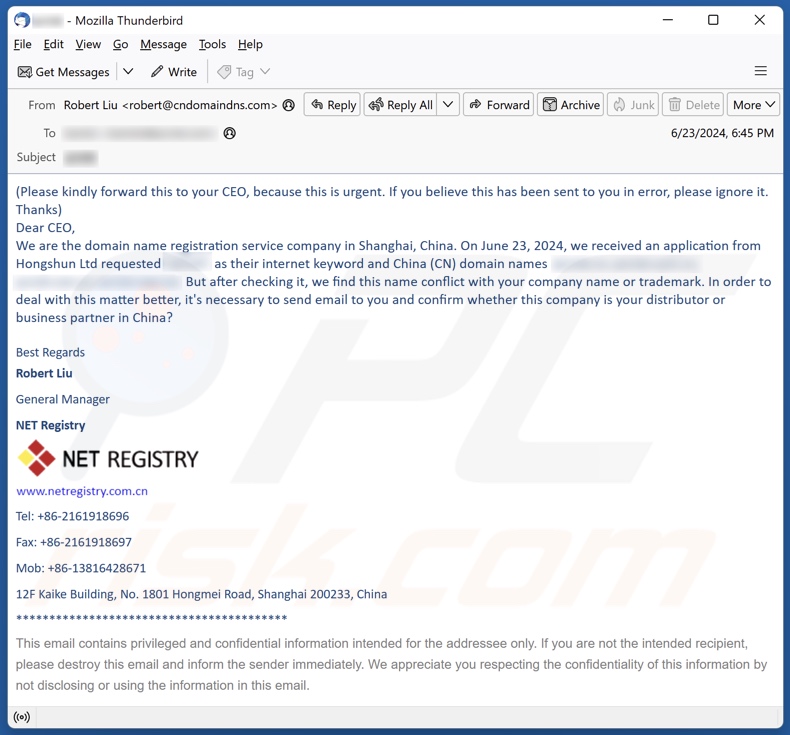 Conflict With Your Company Name Or Trademark oszustwo e-mail inny wariant