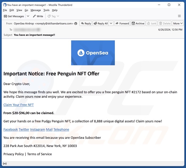 Wygląd wiadomości spamowej popierającej oszustwo Free Penguin NFT