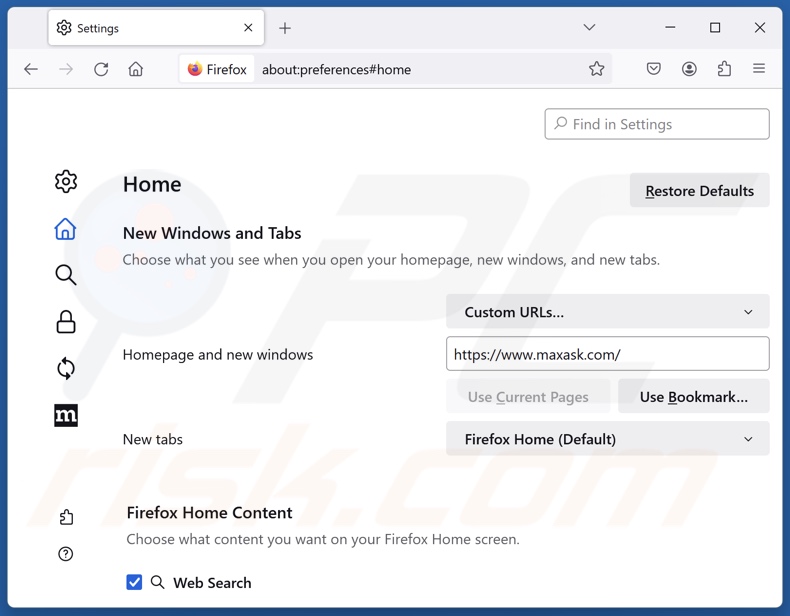 Usuwanie maxask.com ze strony głównej Mozilla Firefox