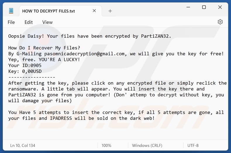 PartiZAN32 ransomware plik tekstowy (HOW TO DECRYPT FILES.txt)