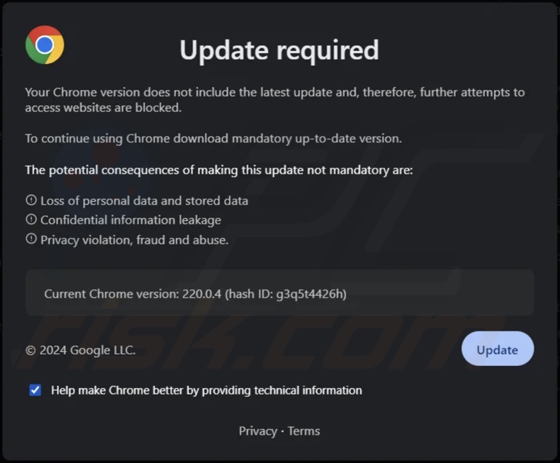 Your Chrome Version Does Not Include The Latest Update pop-up oszustwo
