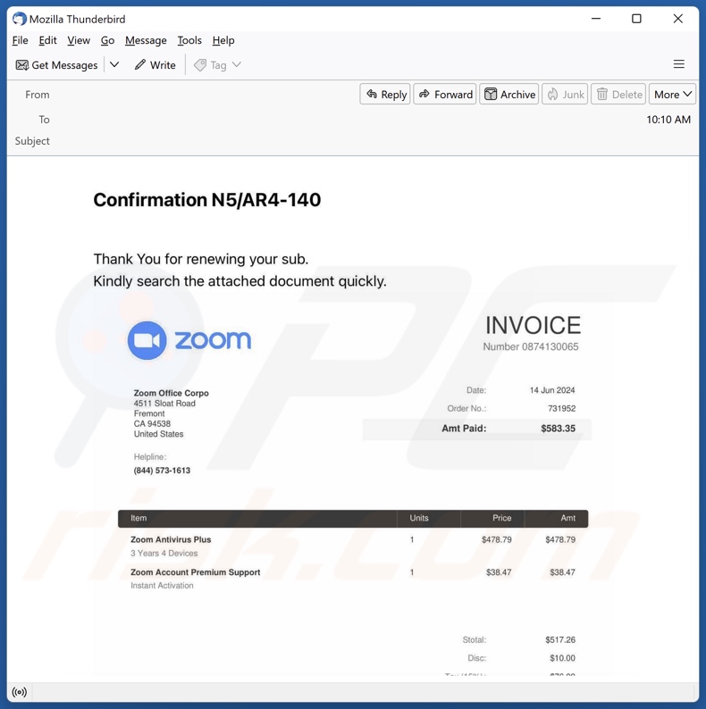 Zoom Antivirus Plus Subscription Kampania spamowa e-mail