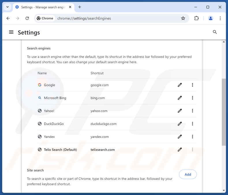Usuwanie telixsearch.com z domyślnej wyszukiwarki Google Chrome