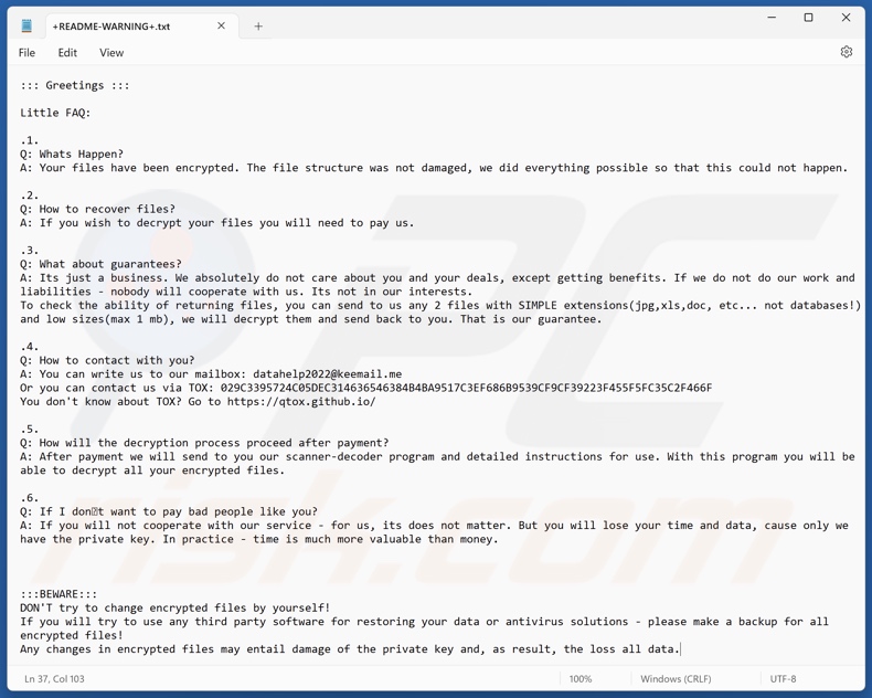Ursq ransomware okup (+README-WARNING+.txt)