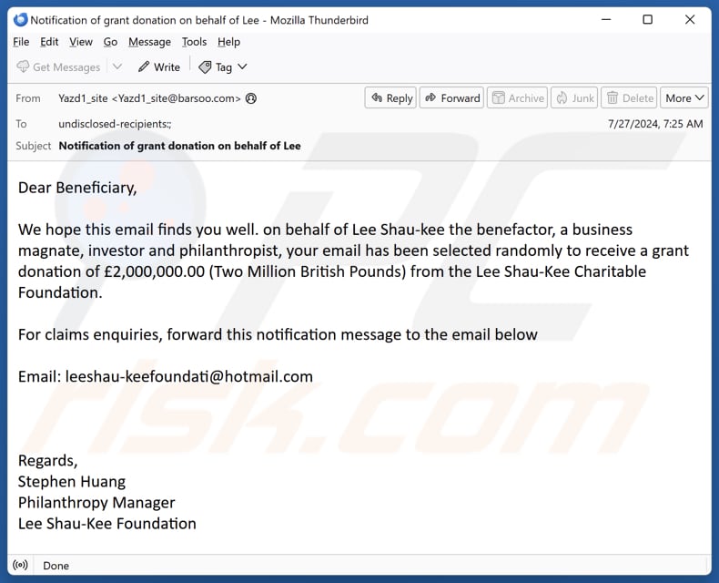 Spamowa kampania e-mailowa Lee Shau-Kee Charitable Foundation