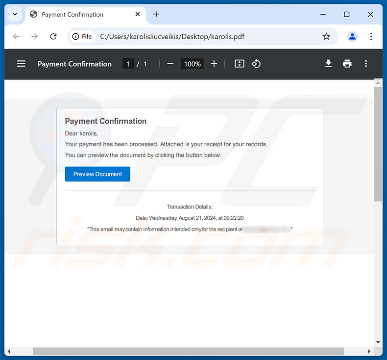 Fałszywy dokument PDF rozpowszechniany za pomocą wiadomości e-mail z potwierdzeniem płatności (2024-08-27)