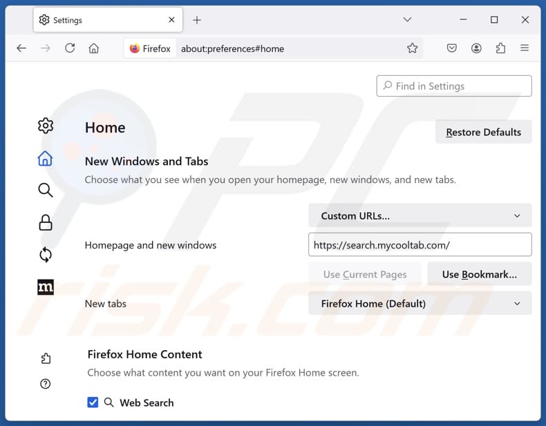 Usuwanie search.mycooltab.com ze strony głównej Mozilla Firefox