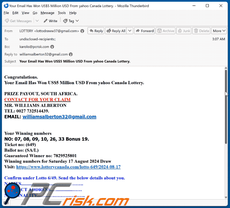 Yahoo Canada Lottery pojawienie się oszukańczej wiadomości e-mail (GIF)
