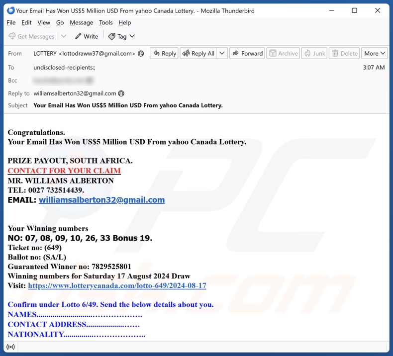 Yahoo Canada Lottery Kampania spamowa e-mail