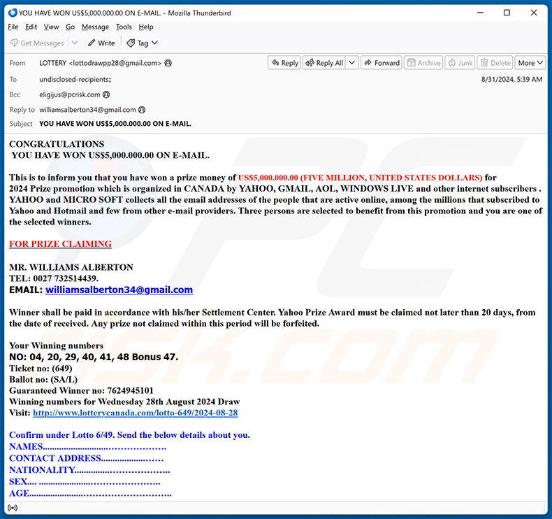 Yahoo Canada Lottery email oszustwo (2024-09-03)