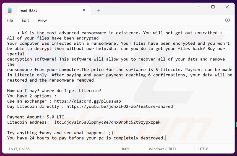 NK ransomware okup (read_it.txt)
