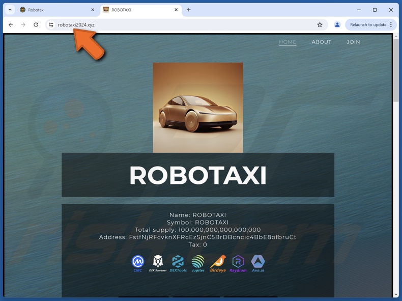 Pojawienie się strony internetowej (robotaxi2024[.]xyz) promującej oszustwo ROBOTAXI ($TAXI)