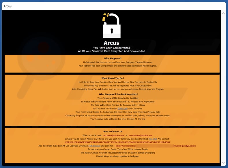 Arcus ransomware wyskakująca wiadomość z żądaniem okupu