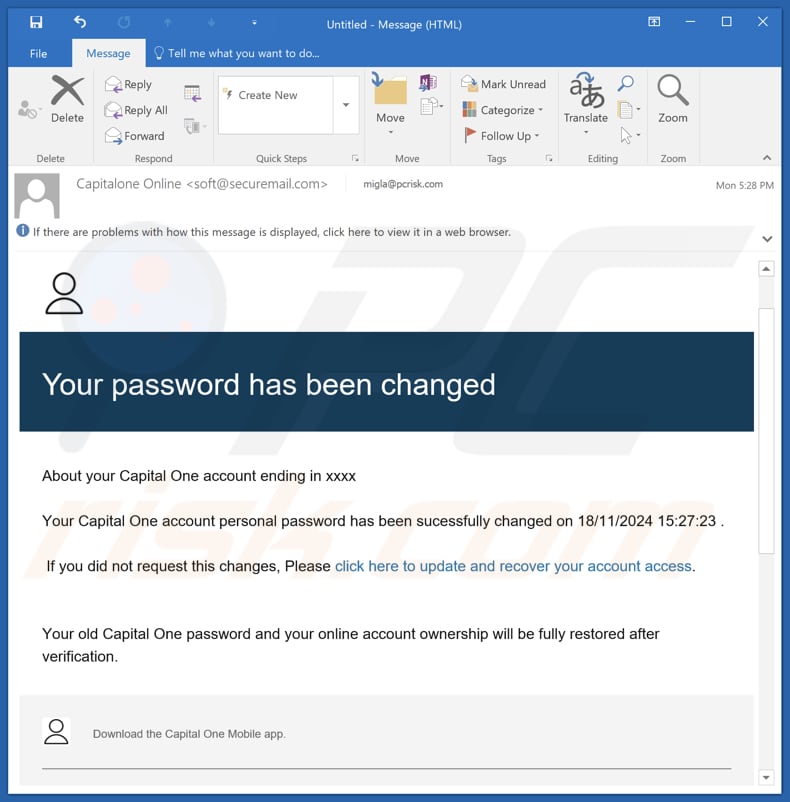 Capital One - Your Password Has Been Changed email kampania spamowa