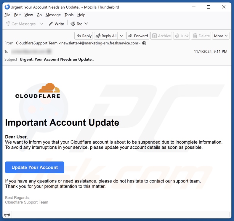 Cloudflare - Important Account Update Kampania spamowa e-mail
