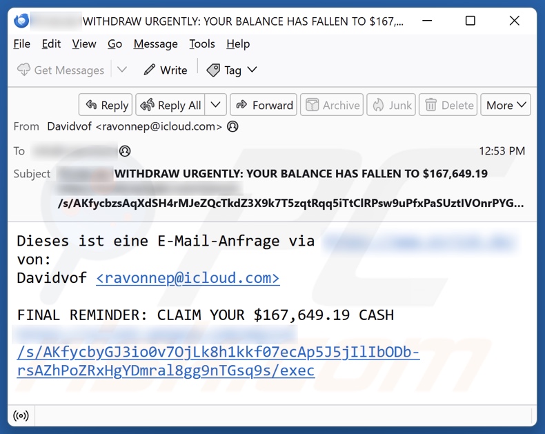 Spamowa wiadomość e-mail użyta do promowania tej fałszywej strony BitPay (próbka 1)