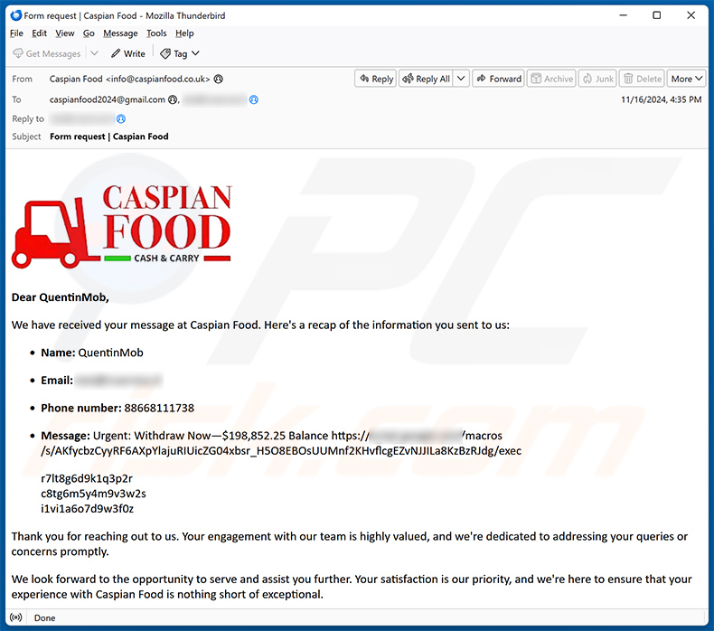 Spam e-mail wykorzystany do promowania tej fałszywej strony BitPay (próbka 4)
