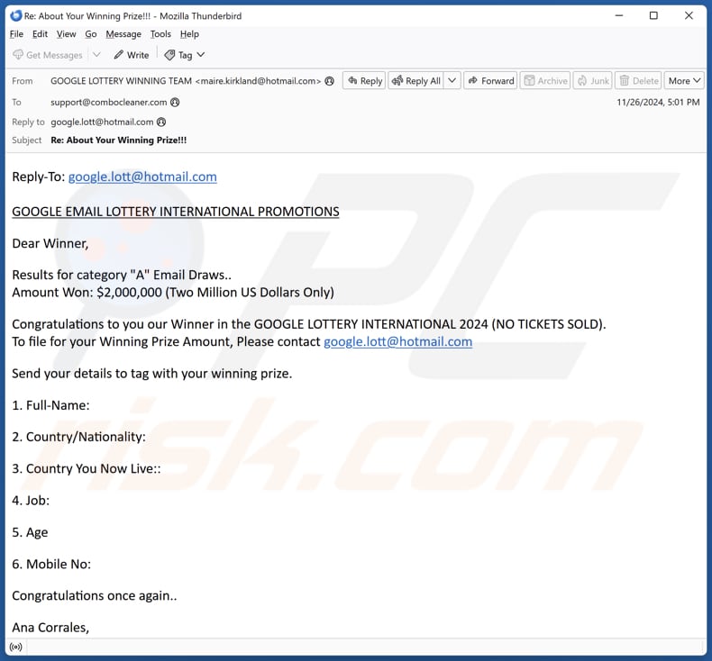 Google Email Lottery International Promotions Kampania spamowa e-mail