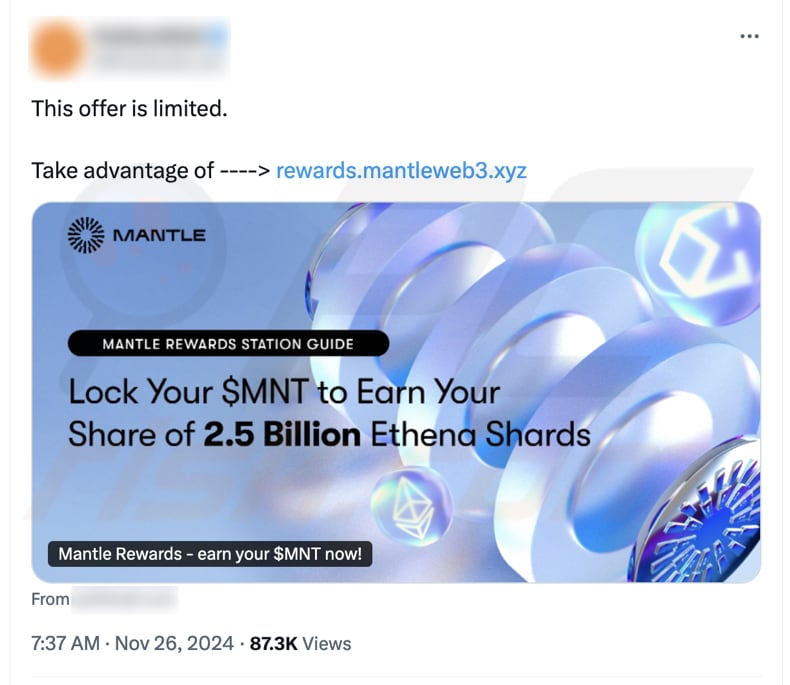 Mantle Rewards Station Oszustwo promujące wpis na Twitterze