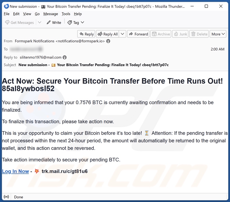Blockchain.com Money Transfer Oszustwo promujące e-mail