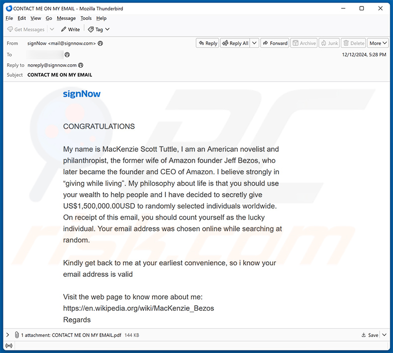 Wiadomość spamowa od Mackenzie Scott dotycząca filantropii (2024-12-13)