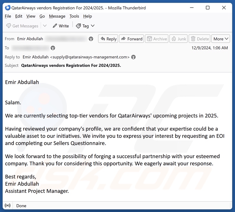 Qatar Airways Kampania spamowa e-mail
