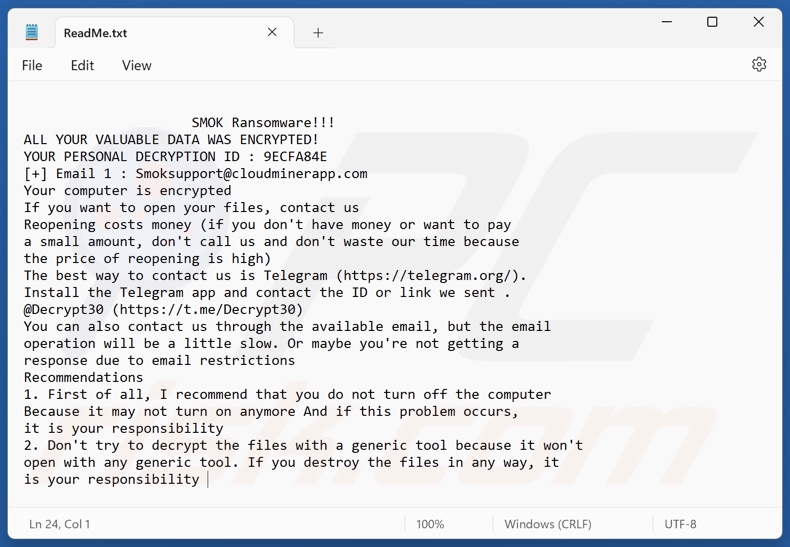 SMOK ransomware plik tekstowy (ReadMe.txt)