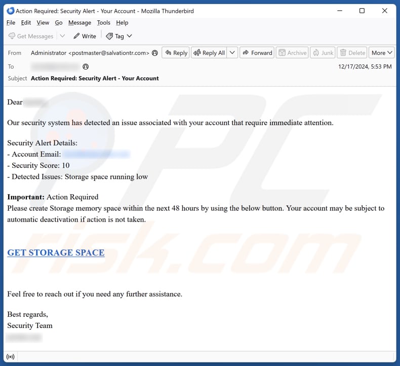 Storage Space Running Low Kampania spamowa e-mail