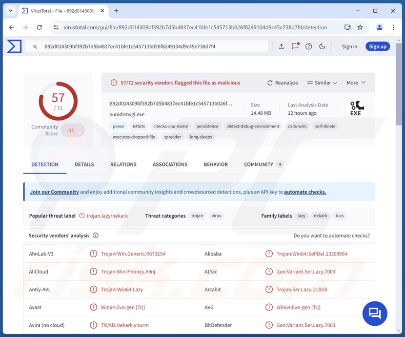 Zephyr Miner malware wykrycia w serwisie VirusTotal