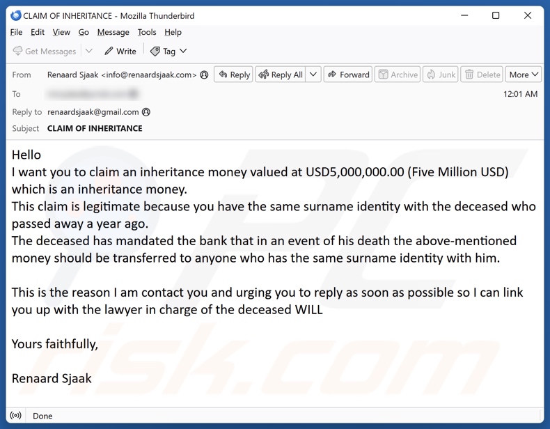 Claim Inheritance Money Kampania spamowa e-mail