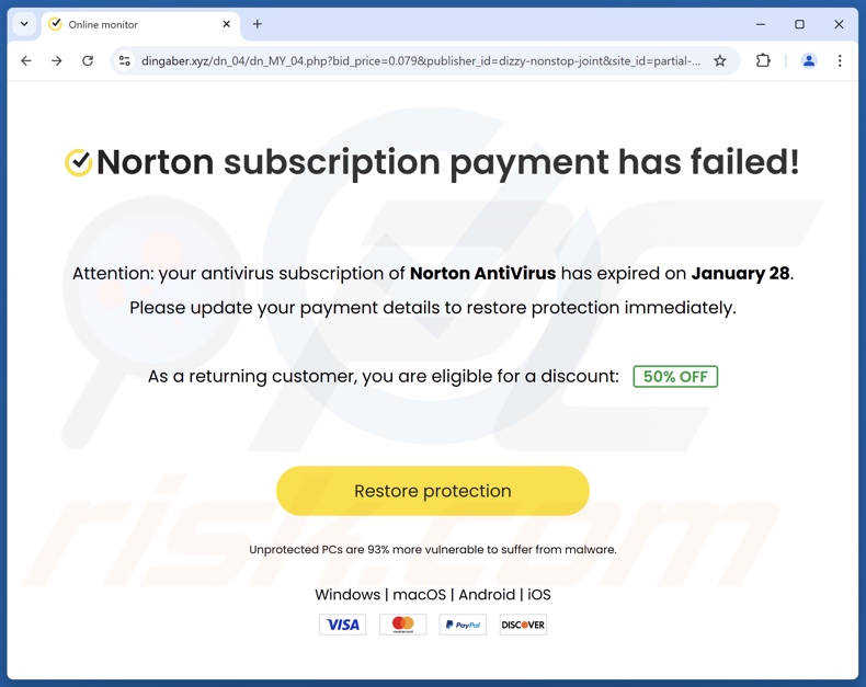 Norton Subscription Payment Has Failed oszustwo