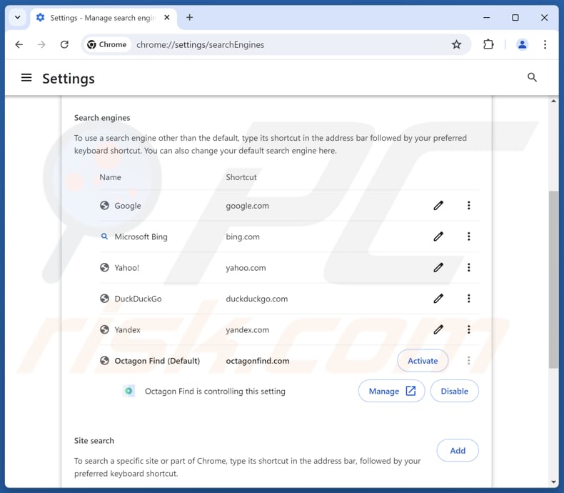 Usuwanie octagonfind.com z domyślnej wyszukiwarki Google Chrome