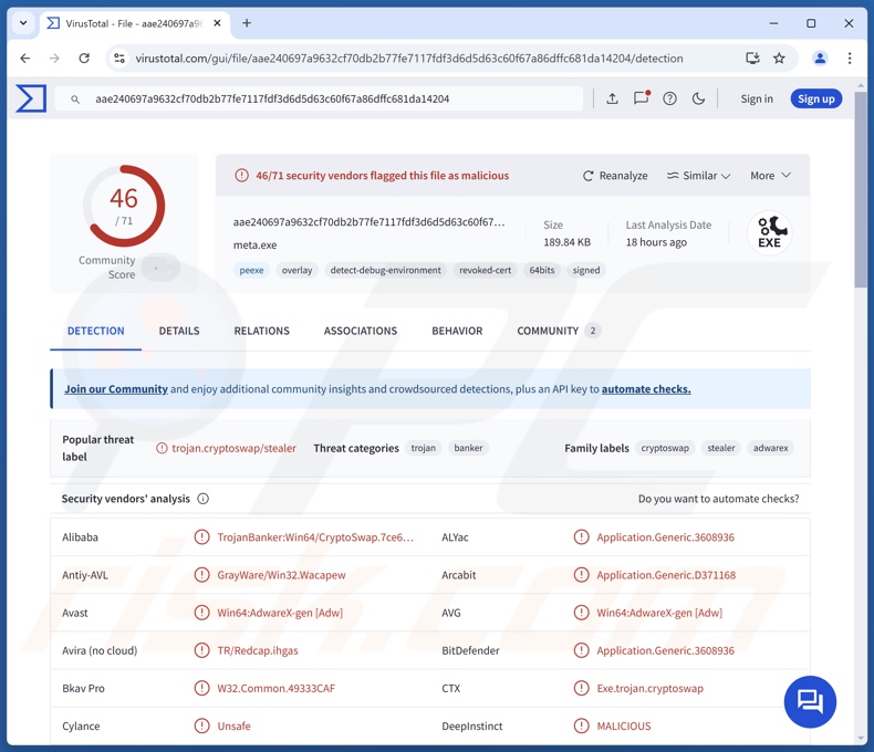 Wykrycia złośliwego oprogramowania ScarletStealer w serwisie VirusTotal