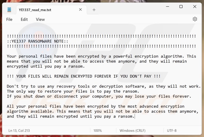 YE1337 ransomware plik tekstowy (YE1337_read_me.txt)