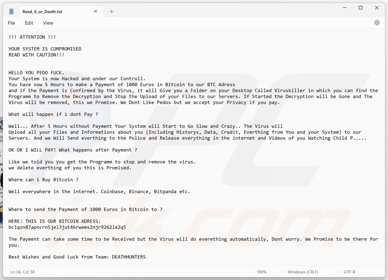DeathHunters ransomware okup (Read_it_or_Death.txt)