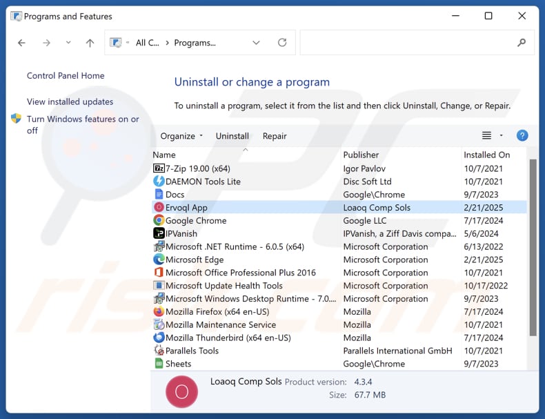 Ervoql App odinstalowanie via Control Panel