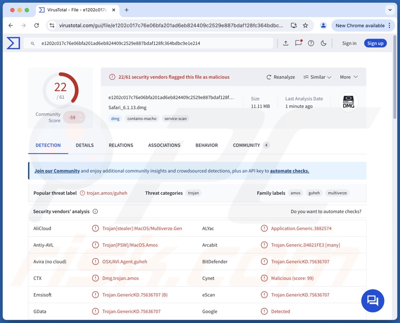 FrigidStealer wykrycia złośliwego oprogramowania w serwisie VirusTotal