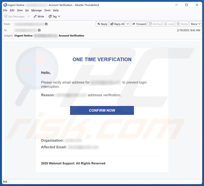 One Time Verification Kampania spamowa e-mail