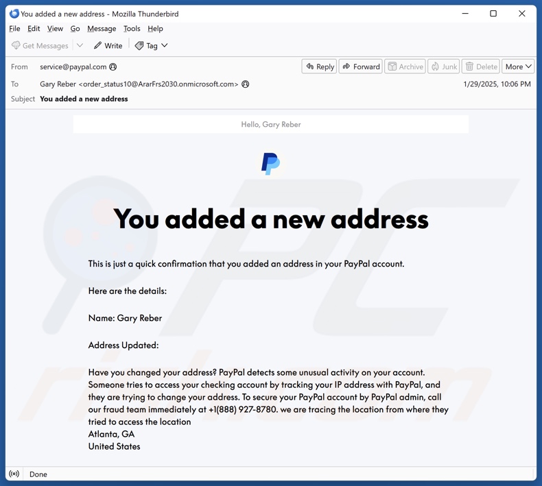 PayPal - You Added A New Address Alternatywny wariant oszustwa e-mail