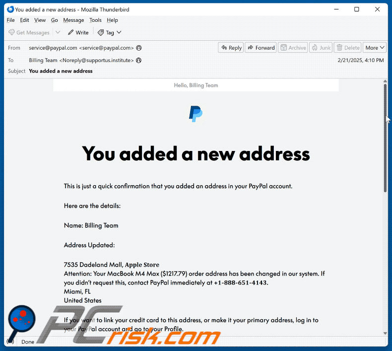PayPal - You Added A New Address pojawienie się oszukańczej wiadomości e-mail (GIF)