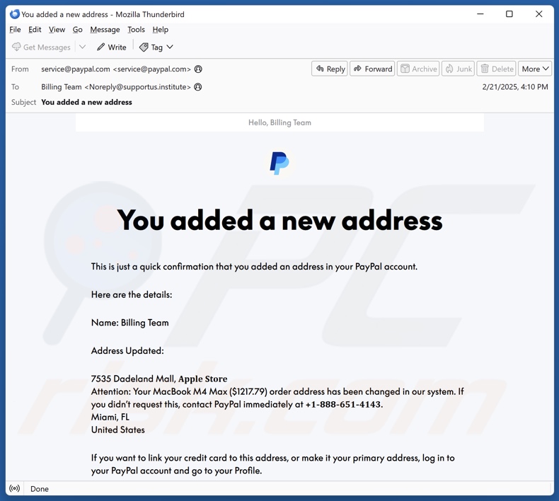 PayPal - You Added A New Address Kampania spamowa e-mail