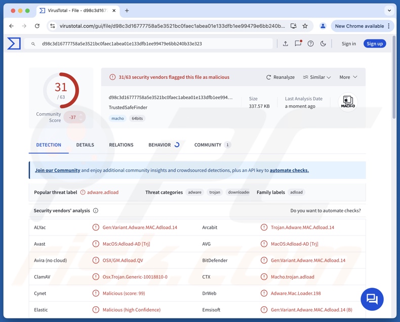 TrustedSafeFinder Wykrycia adware w serwisie VirusTotal