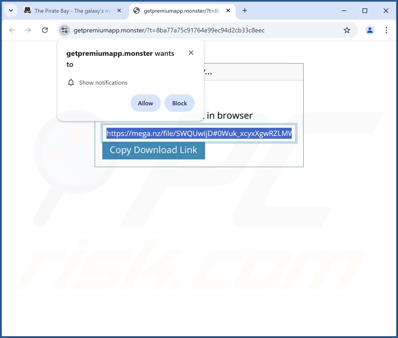 Strona internetowa używana do promowania instalatora Utoaqk App PUA (getpremiumapp[.]monster)