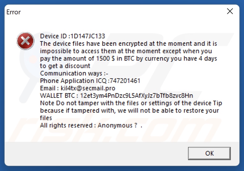 Anonymous (Xorist) ransomware okup (pop-up)