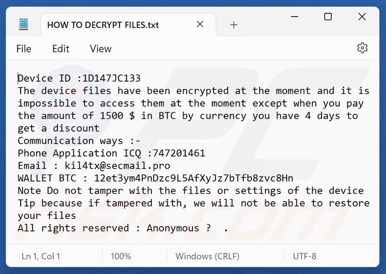 Anonymous (Xorist) ransomware plik tekstowy (HOW TO DECRYPT FILES.txt)