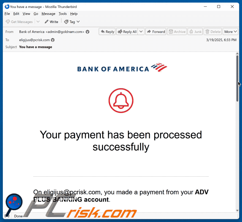 Bank Of America - Payment Processed Successfully Wygląd oszustwa e-mail