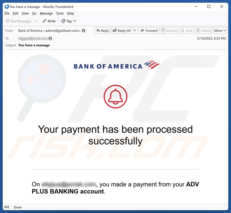 Bank Of America - Payment Processed Successfully Kampania spamowa e-mail
