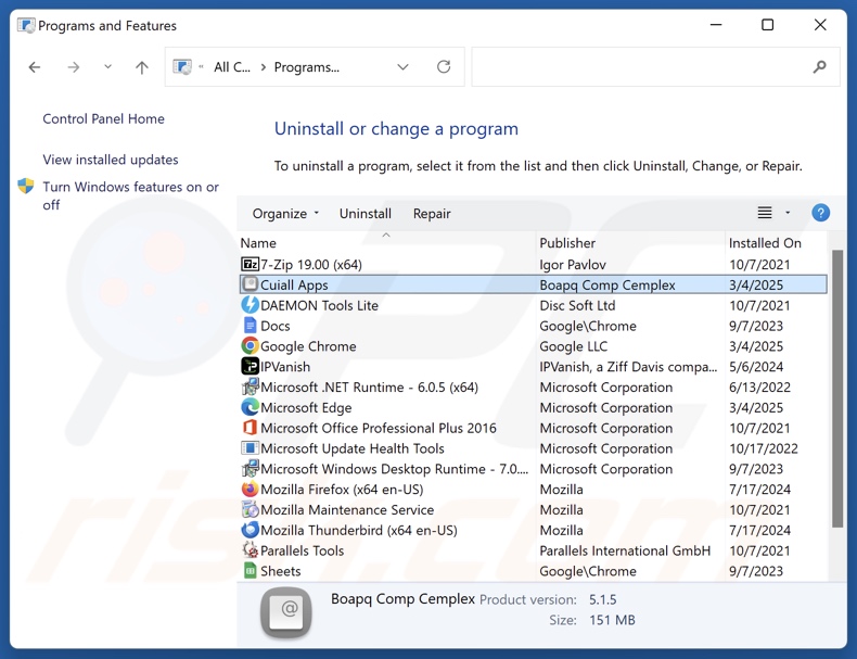 Cuiall Apps odinstalowanie via Control Panel