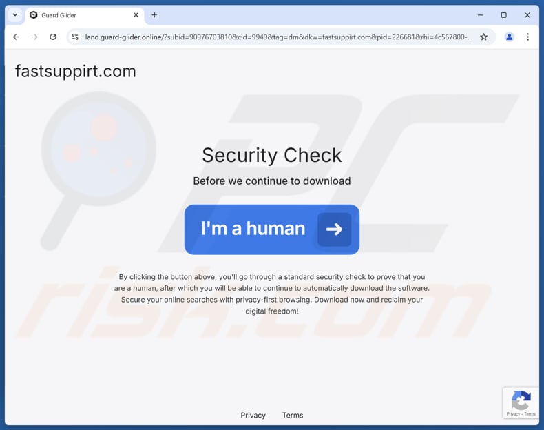 Strona internetowa używana do promowania potencjalnie niechcianej aplikacji GuardGlider