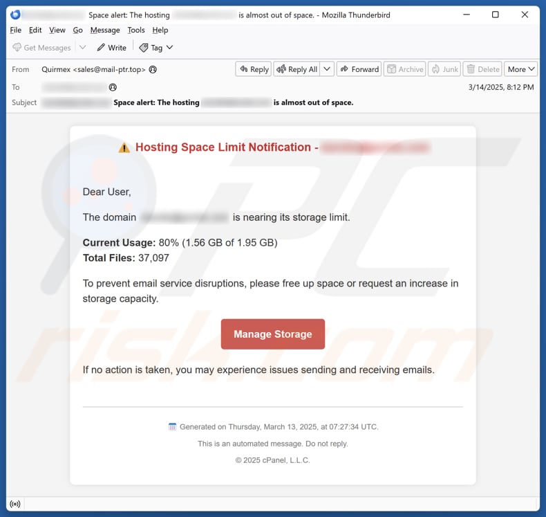 Hosting Space Limit Notification Kampania spamowa e-mail
